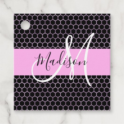 Glam Black Metallic Pink Honeycomb Monogram Naam Bedankjes Labels (Voorkant)