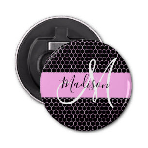 Glam Black Metallic Pink Honeycomb Monogram Naam Button Flesopener