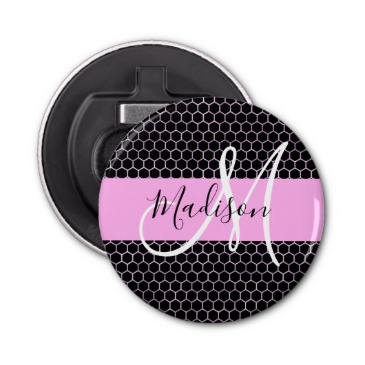 Glam Black Metallic Pink Honeycomb Monogram Naam Button Flesopener (Voorkant)
