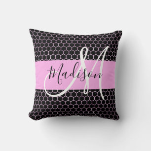 Glam Black Metallic Pink Honeycomb Monogram Naam Kussen
