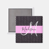 Glam Black Metallic Pink Honeycomb Monogram Naam Magneet (Voorkant / Achterkant)