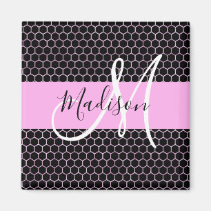 Glam Black Metallic Pink Honeycomb Monogram Naam Magneet