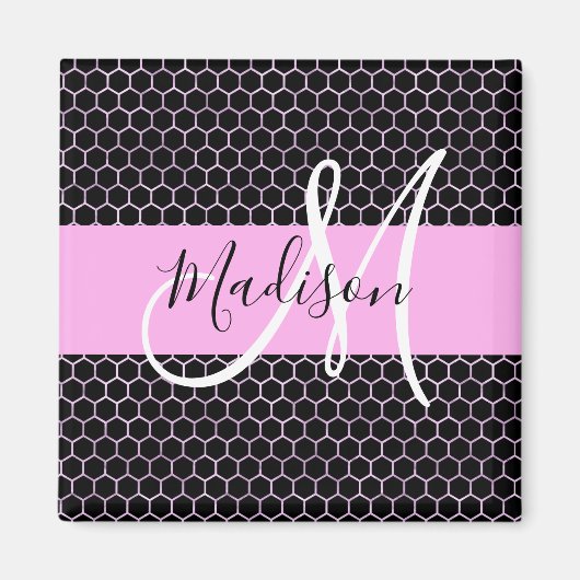 Glam Black Metallic Pink Honeycomb Monogram Naam Magneet (Voorkant)
