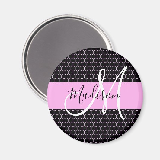 Glam Black Metallic Pink Honeycomb Monogram Naam Magneet (Voorkant / Achterkant)