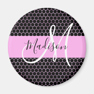 Glam Black Metallic Pink Honeycomb Monogram Naam Magneet