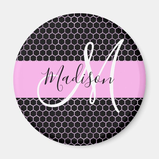 Glam Black Metallic Pink Honeycomb Monogram Naam Magneet (Voorkant)