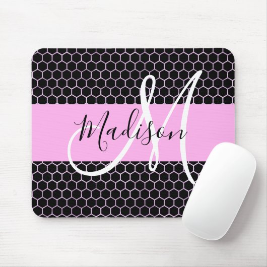 Glam Black Metallic Pink Honeycomb Monogram Naam Muismat (Met muis)