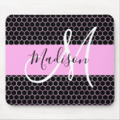 Glam Black Metallic Pink Honeycomb Monogram Naam Muismat (Voorkant)