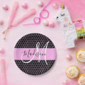 Glam Black Metallic Pink Honeycomb Monogram Naam Papieren Bordje (Feest)