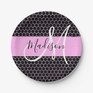 Glam Black Metallic Pink Honeycomb Monogram Naam Papieren Bordje