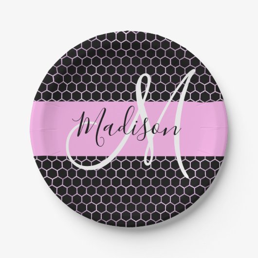 Glam Black Metallic Pink Honeycomb Monogram Naam Papieren Bordje (Voorkant)