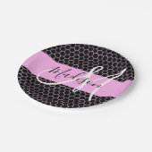 Glam Black Metallic Pink Honeycomb Monogram Naam Papieren Bordje (Gekanteld)