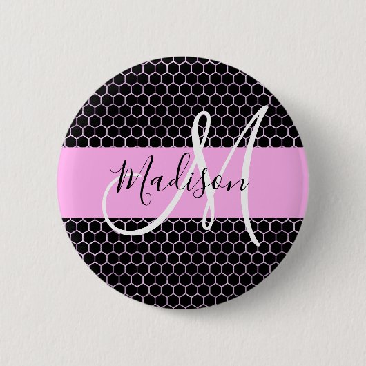 Glam Black Metallic Pink Honeycomb Monogram Naam Ronde Button 5,7 Cm (Voorkant)