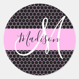 Glam Black Metallic Pink Honeycomb Monogram Naam Ronde Sticker