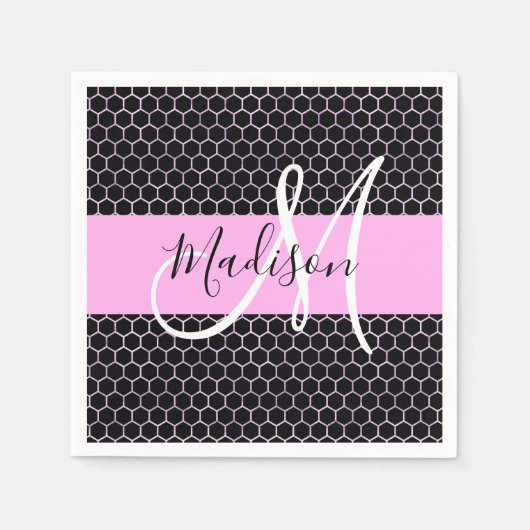 Glam Black Metallic Pink Honeycomb Monogram Naam Servet (Voorkant)