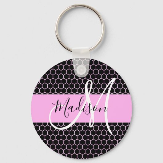 Glam Black Metallic Pink Honeycomb Monogram Naam Sleutelhanger (Voorkant)