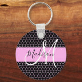 Glam Black Metallic Pink Honeycomb Monogram Naam Sleutelhanger (Voorkant)