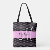 Glam Black Metallic Pink Honeycomb Monogram Naam Tote Bag (Achterkant)