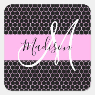 Glam Black Metallic Pink Honeycomb Monogram Naam Vierkante Sticker