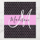 Glam Black Metallic Pink Honeycomb Monogram Naam Wijn Etiket (Enkel label)