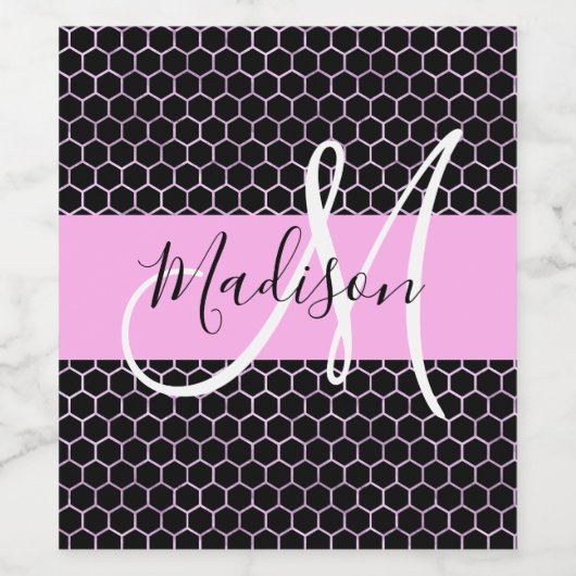 Glam Black Metallic Pink Honeycomb Monogram Naam Wijn Etiket (Enkel label)