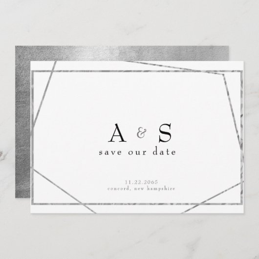 Glam Black & Metallic Silver Save the Date (Voorkant / Achterkant)