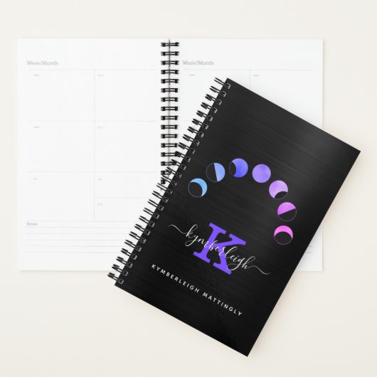 Glam Black Moon Phases Pastel Monogram Naam Klein Planner (Display)