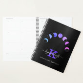 Glam Black Moon Phases Pastel Monogram Name Large Planner (Display)