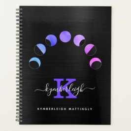 Glam Black Moon Phases Pastel Monogram Name Large Planner