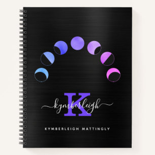 Glam Black Moon Phases Pastel Paars Monogram Name Notitieboek