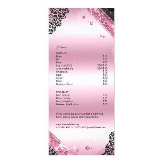 Glam Black Pink Glitter Lashes Salon Services Menu (Achterkant)