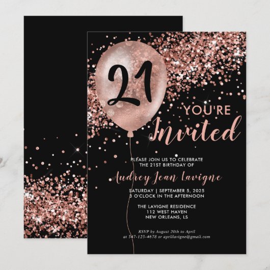 Glam Black Roos Gold Glitter Balloon 21e verjaarda Kaart (Voorkant / Achterkant)