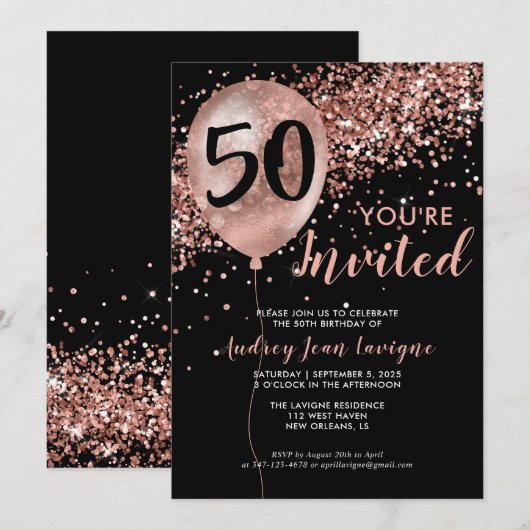 Glam Black Roos Gold Glitter Balloon 50e verjaarda Kaart (Voorkant / Achterkant)