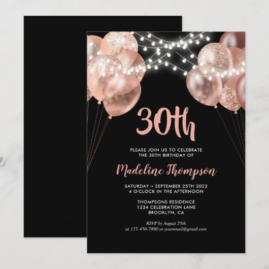 Glam Black Roos Gold String Light ballon Birthday Kaart (Voorkant / Achterkant)