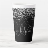 Glam Black Silver Glitter Glam Monogram Naam Latte Mok (Voorkant)