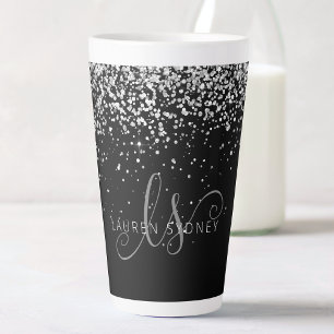 Glam Black Silver Glitter Glam Monogram Naam Latte Mok