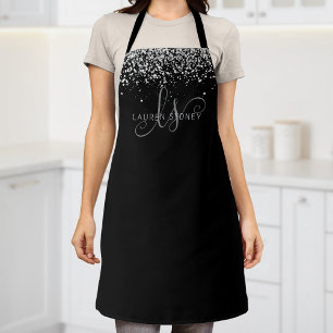 Glam Black Silver Glitter Glam Monogram Naam Schort