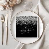 Glam Black Silver Glitter Glam Monogram Naam Servet