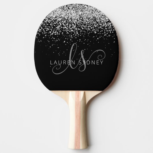 Glam Black Silver Glitter Glam Monogram Naam Tafeltennisbatje (Voorkant)
