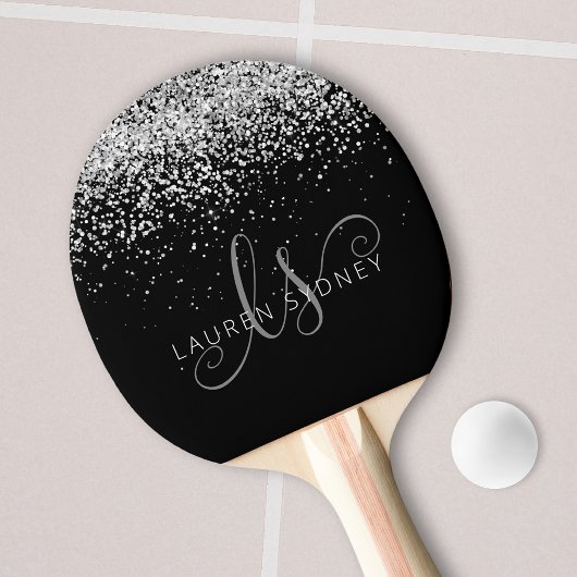 Glam Black Silver Glitter Glam Monogram Naam Tafeltennisbatje