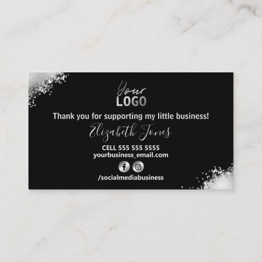 Glam Black Silver Glitter Hartelijk dank voor uw b Visitekaartje (Achterkant)