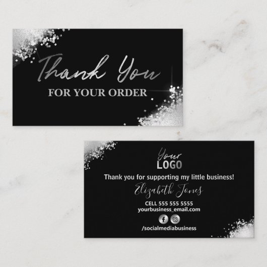 Glam Black Silver Glitter Hartelijk dank voor uw b Visitekaartje (Voorkant / Achterkant)