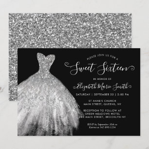 Glam Black Silver Glitter Jurk Sweet 16 Verjaardag Kaart