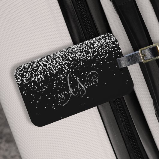 Glam Black Silver Glitter Monogram Naam Bagagelabel