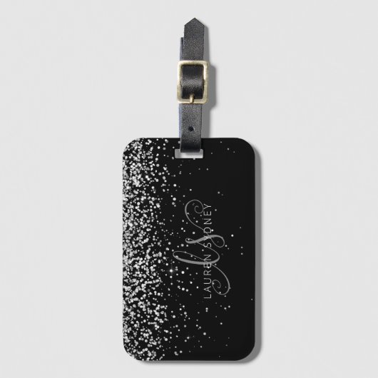 Glam Black Silver Glitter Monogram Naam Bagagelabel (Voorkant (verticaal))