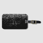 Glam Black Silver Glitter Monogram Naam Bagagelabel (Voorkant (horizontaal))