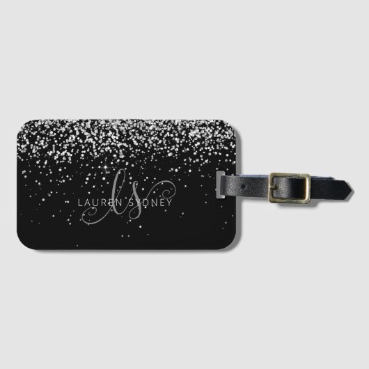 Glam Black Silver Glitter Monogram Naam Bagagelabel (Voorkant (horizontaal))