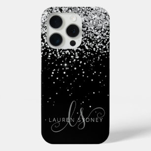 Glam Black Silver Glitter Monogram Naam iPhone 15 Pro Case