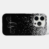 Glam Black Silver Glitter Monogram Naam Case-Mate iPhone Case (Achterkant (horizontaal))