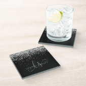 Glam Black Silver Glitter Monogram Naam Glazen Onderzetter (Schuin)